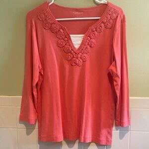 🩷Van Heusen Women’s Coral / Peach Long Sleeve Top with Floral Trim